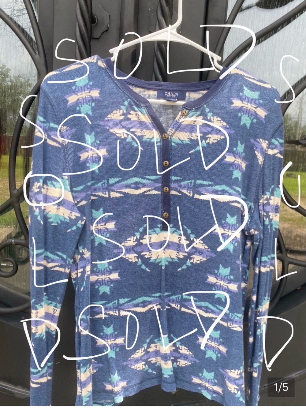 SOLD do not buy Chaps vintage XL Navy Teal Cream Aztec Henley Long Sleeve Top